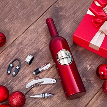 Wine Accessories Gift Set - Wine Bottle Corkscrew Opener Kit, Drip Ring, Foil Cutter and Wine Pourer and Stopper in Novelty Bottle-Shaped Case for Valentine's Gift, Red