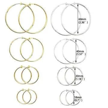 Aganippe Gold/Silver Clip On Hoop Earrings for Women Non Piercing Earrings Jewelry Set Large Hoop Earrings for Women Teens Retractable Clip On Hoop Earrings (8 Pair gold silver earrings)