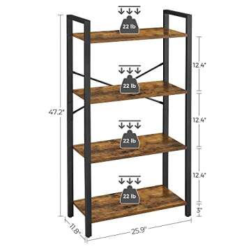 VASAGLE 4-Tier Tall Bookshelf, Bookcase with Steel Frame, Book Shelf for Living Room, Home Office, Study, 11.8 x 25.9 x 47.2 Inches, Industrial Style, Rustic Brown and Black ULLS60BX