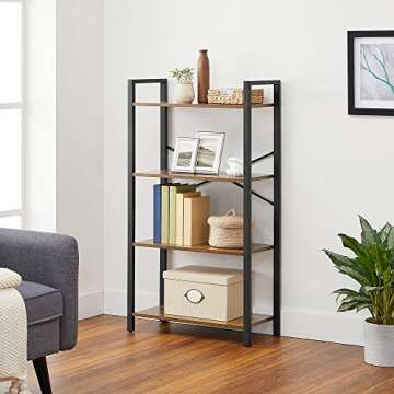 VASAGLE 4-Tier Tall Bookshelf, Bookcase with Steel Frame, Book Shelf for Living Room, Home Office, Study, 11.8 x 25.9 x 47.2 Inches, Industrial Style, Rustic Brown and Black ULLS60BX