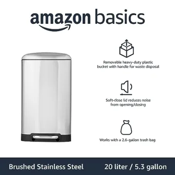 Amazon Basics Small Trash Can with Lid and Soft-Close Foot Pedal for Bathroom, Bedroom, Living Room, Office, Smudge Resistant, 20L / 5.3 Gallon, Nickel