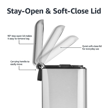 Amazon Basics Small Trash Can with Lid and Soft-Close Foot Pedal for Bathroom, Bedroom, Living Room, Office, Smudge Resistant, 20L / 5.3 Gallon, Nickel