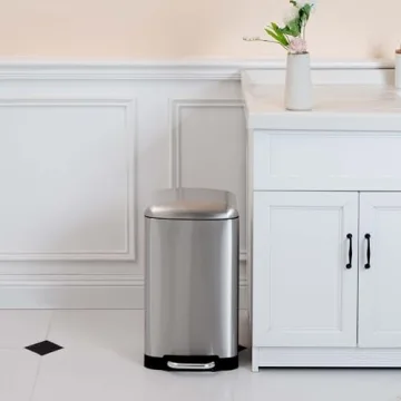 Amazon Basics Small Trash Can with Lid and Soft-Close Foot Pedal for Bathroom, Bedroom, Living Room, Office, Smudge Resistant, 20L / 5.3 Gallon, Nickel