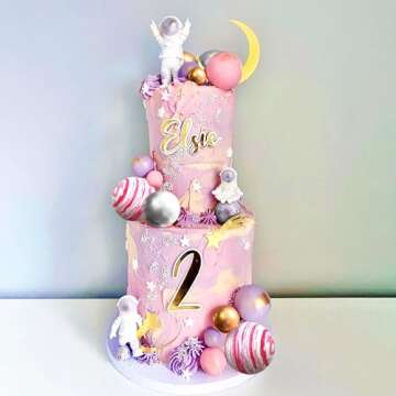 LaVenty Pink Space Cake Toppers for Birthday Party