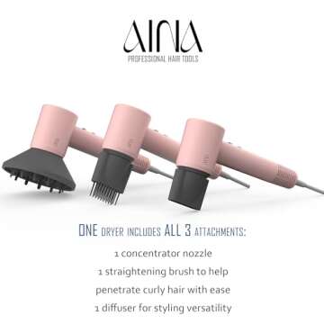 AINA Hair Dryer, Blow Dryer with Diffuser Brush Comb for Women - BLDC Hair Dryer - Brushless Motor, 110,000 RPM Lightweight, Ionic Travel, 3 Magnetic Attachments 110V/ALCI(Pink)
