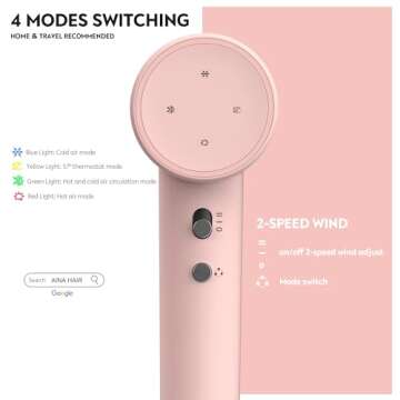 AINA Hair Dryer, Blow Dryer with Diffuser Brush Comb for Women - BLDC Hair Dryer - Brushless Motor, 110,000 RPM Lightweight, Ionic Travel, 3 Magnetic Attachments 110V/ALCI(Pink)