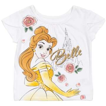 Disney Princess Belle Toddler Girls Graphic T-Shirt Mesh Skirt and Scrunchie 3 Piece Outfit Set 5T