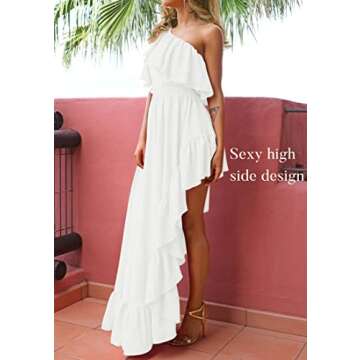 ZESICA Women's Summer Boho One Shoulder Sleeveless Ruffle Asymmetrical High Low Flowy Prom Gown Wedding Long Dress,White,Large