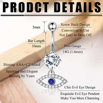 LOLIAS 14G Belly Button Rings Dangle Cute Gold Plated Snake Evil Eye Heart Clear CZ Butterfly Belly Button Rings for Women Belly Piercing Pack,Silver Tone