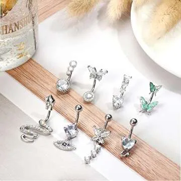 LOLIAS 14G Belly Button Rings Dangle Cute Gold Plated Snake Evil Eye Heart Clear CZ Butterfly Belly Button Rings for Women Belly Piercing Pack,Silver Tone