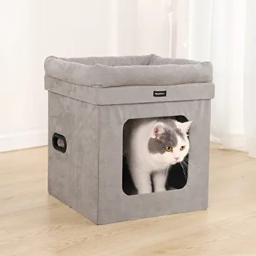 Amazon Basics Cube Cat Bed 15x15x17 Grey Comfortable Cat House