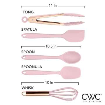 COOK WITH COLOR Silicone Cooking Utensils, Kitchen Utensil Set, Easy to Clean Silicone Kitchen Utensils, Cooking Utensils for Nonstick Cookware, Kitchen Gadgets Set, Standard, Pink