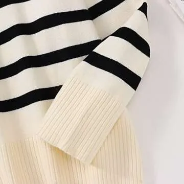 BOUTIKOME Women's Striped Sweater Black and White Striped Sweater Side Slit Knit Long Sleeve Crewneck Pullover Loose Top(Creamy-White,M)
