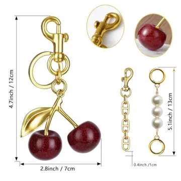 Cherry Keychain Cherry Bag Charm Keychain Car Cherry Accessories Keychian Cute Cherry Accessories Gifts for Women Cherry Keychain and Extender Chain Bag Charms for Handbags (Red Cherry-Golden)