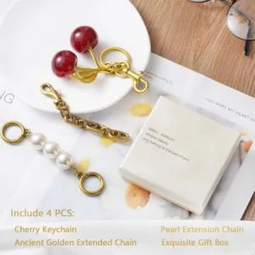Cherry Keychain Cherry Bag Charm Keychain Car Cherry Accessories Keychian Cute Cherry Accessories Gifts for Women Cherry Keychain and Extender Chain Bag Charms for Handbags (Red Cherry-Golden)