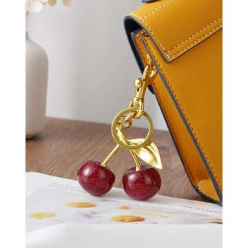 Cherry Keychain Cherry Bag Charm Keychain Car Cherry Accessories Keychian Cute Cherry Accessories Gifts for Women Cherry Keychain and Extender Chain Bag Charms for Handbags (Red Cherry-Golden)
