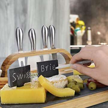 Bamboo & Slate Cheese Board Set, 16X13 Inchs Extra Large Charcuterie Platter Serving Tray With Knife Set, Unique Gifts for Christmas Wedding Birthday Anniversary Housewarming Valentine's Day
