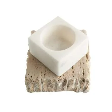 Bloomingville Decorative Marble and Travertine Candle Holder, White and Natural
