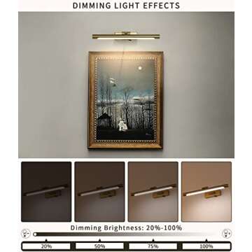 Joosenhouse Wireless Picture Light Battery Operated Rechargeable Picture Light 16.53in with Remote Control Dimmable and Timer Off Adjustable Swing Arm Brass LED Battery Spotlight for Picture Display