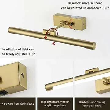 Joosenhouse Wireless Picture Light Battery Operated Rechargeable Picture Light 16.53in with Remote Control Dimmable and Timer Off Adjustable Swing Arm Brass LED Battery Spotlight for Picture Display