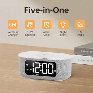 JALL Fabric Alarm Clock with Big LED Display, Bluetooth Stereo Sound, Wireless Charging, FM Radio, N...