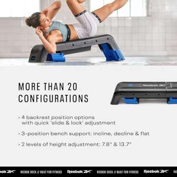Reebok Deck Multipurpose Adjustable Bench Aerobic Strength Training Incline and Decline, Blue