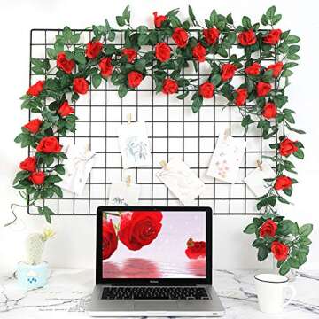 ZWYOQI 16 FT Fake Rose Vine Garland Artificial Flowers Plants Hanging Rose Ivy Home Hotel Office Wedding Party Garden Décor (Red/2PCS)