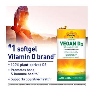 Country Life Vegan D3 5000 IU Softgel for Immunity & Bones