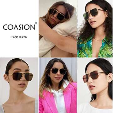 COASION Oversized Square Trendy Sunglasses - Retro Metal Sun Shades