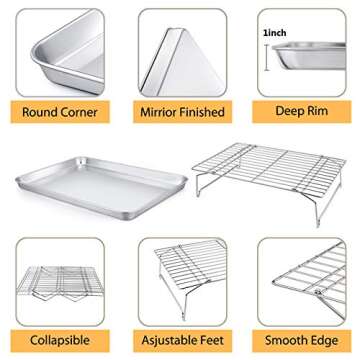 Baking Sheet and 2-Tier Cooling Racks Set, P&P CHEF Stainless Steel Baking Pan Tray with Stackable Cooking Wire Rack for Cookie Bacon Meat, Uncoated & Non-toxic, Mirror Finish& Dishwasher Safe - 3Pcs
