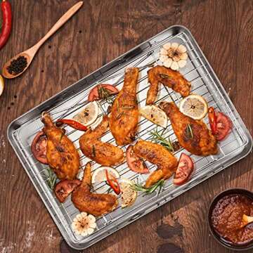 Baking Sheet and 2-Tier Cooling Racks Set, P&P CHEF Stainless Steel Baking Pan Tray with Stackable Cooking Wire Rack for Cookie Bacon Meat, Uncoated & Non-toxic, Mirror Finish& Dishwasher Safe - 3Pcs