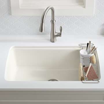 KOHLER K-5473-0 Multi-Purpose Over-The-Sink Drying Rack, Caddy with Kitchen Towel Bar Holder, Soaking Cup. Expandable 14.6" to 17.6", White