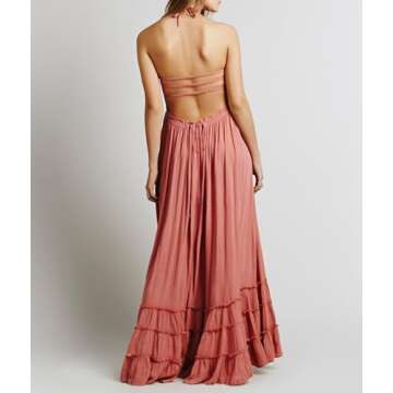 R.Vivimos Womens Summer Boho Sexy Backless Long Dresses (Large, Pink)