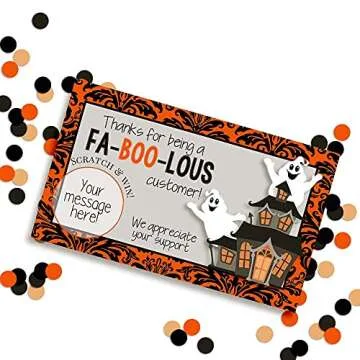 Funny Fabulous Customer Halloween Ghost Scratch & Win Customer Appreciation Package Inserts for Small Businesses, 20 2" X 3.5” Single Sided Insert Cards with Scratch Off Stickers