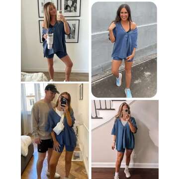 Lianlive 2 Piece Outfits Women's Oversized T-Shirts Biker Short Sets Hot Shot Reversible Set (Blue-M)