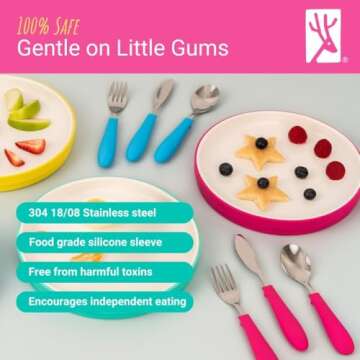 Elk and Friends Kids Silverware with Silicone Handle | Childrens Safe Flatware | Kids Utensils | Spoon + Fork + Knife set | 4 years+ | 6 Pieces