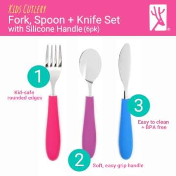 Elk and Friends Kids Silverware with Silicone Handle | Childrens Safe Flatware | Kids Utensils | Spoon + Fork + Knife set | 4 years+ | 6 Pieces