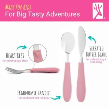 Elk and Friends Kids Silverware with Silicone Handle | Childrens Safe Flatware | Kids Utensils | Spoon + Fork + Knife set | 4 years+ | 6 Pieces