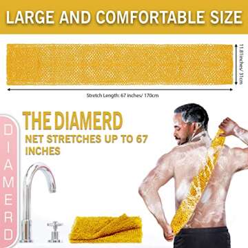 Nextuyere Diamerd Premium African Net Bath Sponge, Woven Net, Synthetic Mesh, Yellow, 67" Long, Body Exfoliating Cloth, Back Scrubber