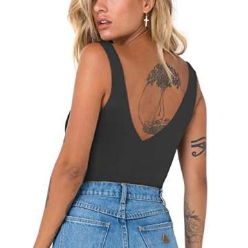 REORIA Women's Summer Sexy Plunge Deep V Neck Sleeveless Double Lined One Piece Tank Tops Thong Bodysuits Leotards for Going Out Black- X-Large