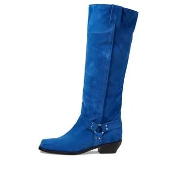Free People Lockhart Harness Women’s Boots - Leather Upper & Lining - Stacked Block Heel - Cushioned Insole Cobalt Suede EU 36.5 (US Women's 6.5) M