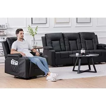 COMHOMA Recliner Chair Set，Furniture Bonded Leather Recliner with massger Set Living Room Set, Sofa, Loveseat, (Black, Living Room Set 3+1)