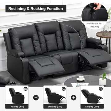 COMHOMA Recliner Chair Set，Furniture Bonded Leather Recliner with massger Set Living Room Set, Sofa, Loveseat, (Black, Living Room Set 3+1)