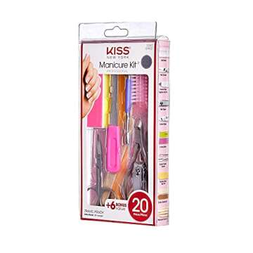 KISS Professional 20 Piece Manicure Kit with Nail Clipper, Cuticle Nipper, Nail Brush, Cuticle Pusher, 3 Emery Boards, 2 Nail Files, Buffer, Manicure Stick, Scissors, & Storage Pouch