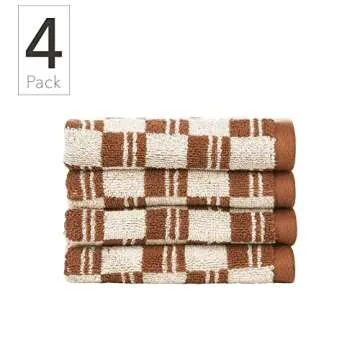 Nate Home by Nate Berkus 100% Cotton Jacquard 4-Piece Washcloth Towel Set | 600 GSM, Soft and Absorbent, Bath Towels with Geometric Pattern from mDesign - Set of 4, Sienna/Parchment (Brown)