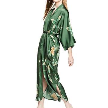 KIM+ONO Women's Charmeuse Kimono Robe Long - Aimi - Forest (green)