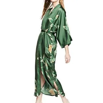 KIM+ONO Women's Charmeuse Kimono Robe Long - Aimi - Forest (green)
