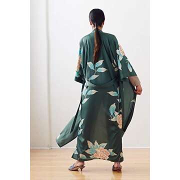KIM+ONO Women's Charmeuse Kimono Robe Long - Aimi - Forest (green)