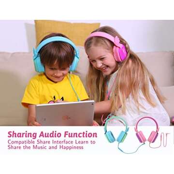 Riwbox Kids Headphones for School with Mic, CS6 Folding Stereo Headphones Over Ear Wired Headset Sharing Function with Mic and Volume Control Compatible for iPad/iPhone/PC/Kindle/Tablet (Pink&Purple)