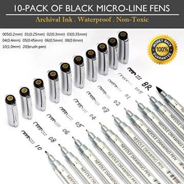 PANDAFLY Micro-Pen Fineliner Ink Pens, 10 Size Black Micro Fine Point Drawing Pens Waterproof Archiv...